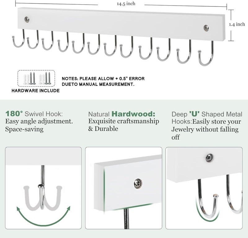 AnDock 2 Pack Purse Organizer Wall Mount with 24 Rotating 180° Coat Rack, 14.6" Wooden Entryway Purse Holder, Wall Hooks for Hanging Belts, Ties, Keys, Scarf, Bras, Bag, Space Saving Hanger (White) - Image 4